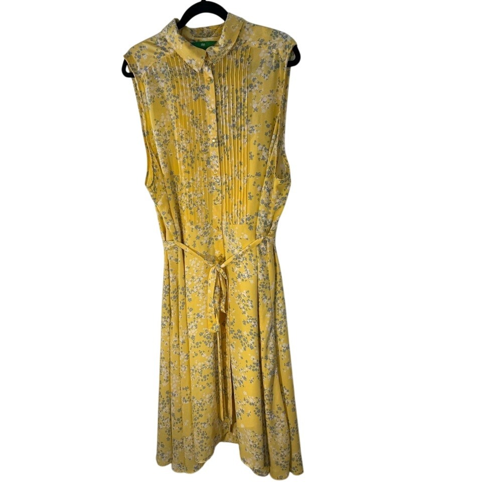 DIP Yellow‎ Floral Button Down Sleeveless Midi Dress Size 3X Belt Full Slip